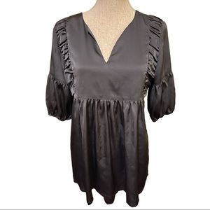 Pink Twill Women’s Babydoll Blouse Charcoal Gray Satin Feel Size M Short Sleeve